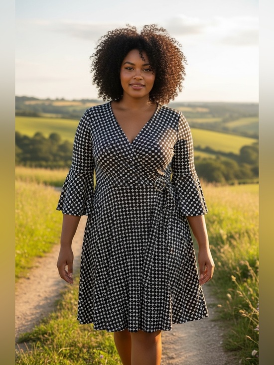 Penningtons Dresses & Skirts - PENN black and white geometric print mock-wrap dress-Size 1X-Adjustable belt